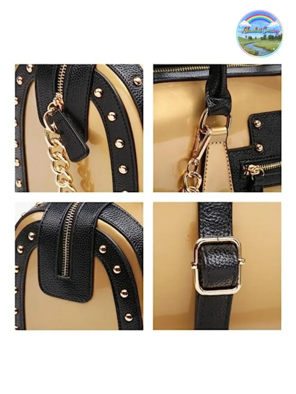 Faux Leather Patent Barrel Satchel Handbag with Rivets Top Handle Shoulder Purse